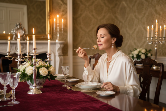 Elegant woman in her 50s slowly and mindfully savoring a meal in a luxurious dining room, soft candlelight and fresh flowers, unhurried and deeply content expression