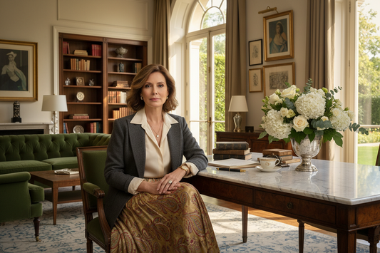  Elegant woman in her 50s sitting at a beautiful marble desk in a sunlit luxurious home office, looking calm and reflective, fresh flowers nearby, warm golden light