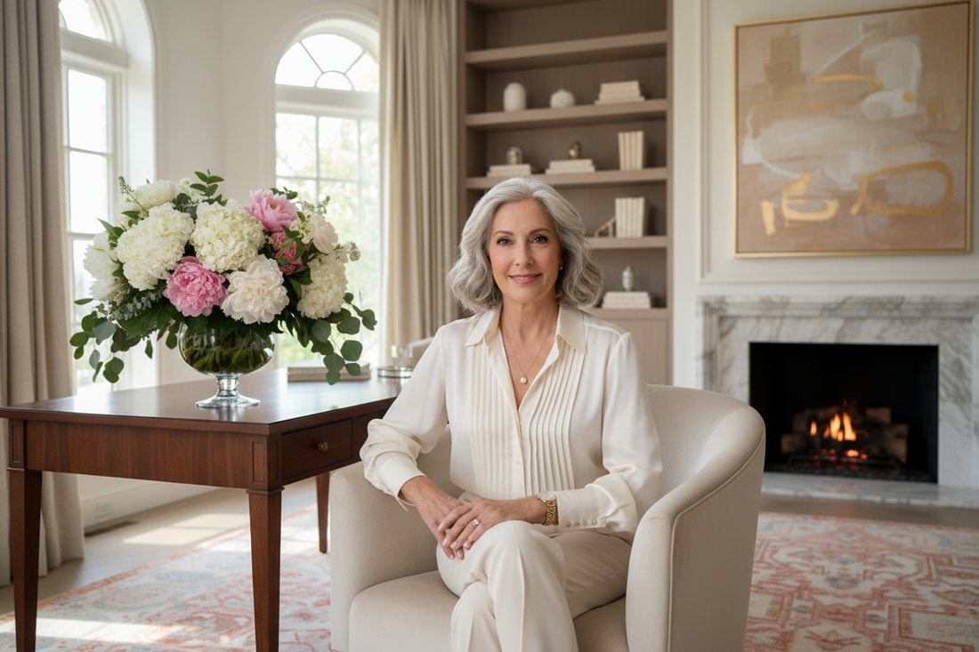Elegant woman in her 50s sitting peacefully in a sunlit upscale home, looking calm, healthy, and confident