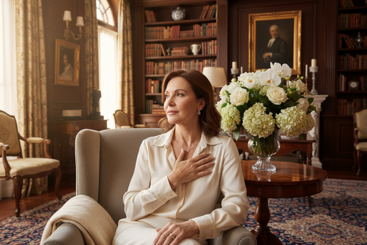  Elegant woman in her 50s sitting in a sunlit luxurious living room, hand resting gently on her chest, looking thoughtful and deeply serene, fresh flowers nearby