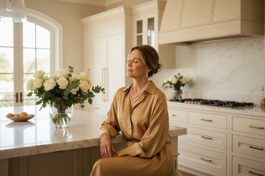 Elegant woman in her 50s in a serene sunlit luxurious kitchen, looking peaceful and completely unburdened, fresh flowers nearby, warm golden light, sense of calm and ease