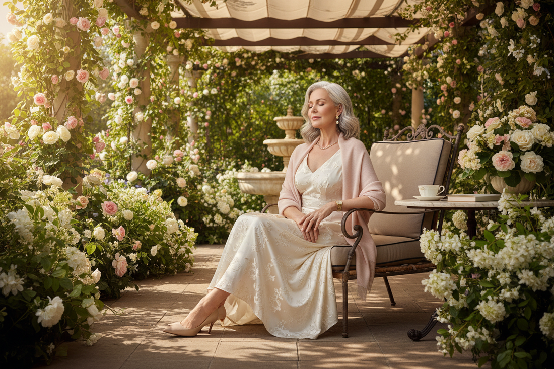 Elegant woman in her 50s sitting peacefully in a sunlit luxurious garden, looking content and at ease, fresh flowers surrounding her, warm golden tones