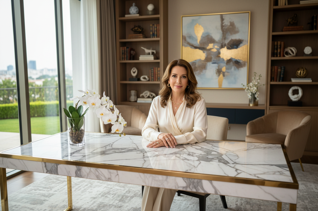 Elegant confident woman in her 50s sitting at a marble desk in a luxurious home office with soft natural light and fresh white orchids