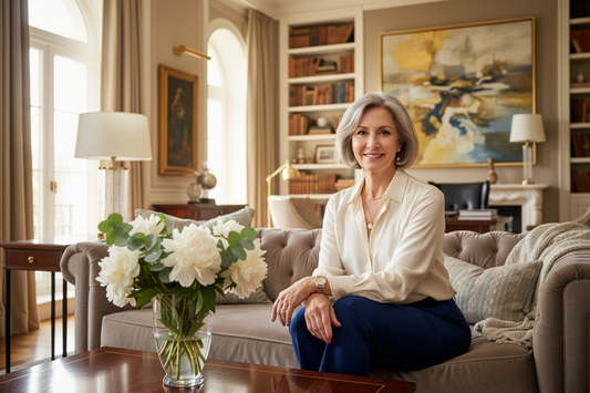 Elegant woman in her 50s sitting comfortably in a luxurious home, looking relaxed and confident, soft natural light, fresh flowers nearby, warm golden tones, high-end interior