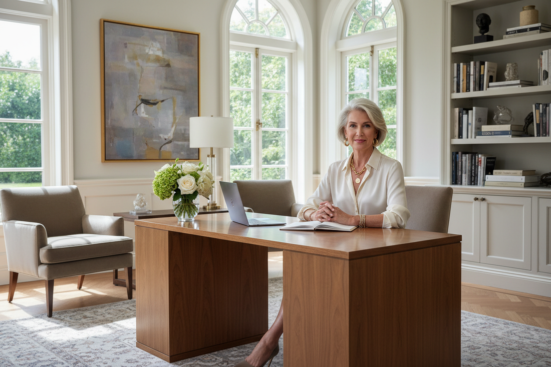 Elegant confident woman in her 50s working in a luxurious home office with soft natural light, fresh flowers, and high-end decor