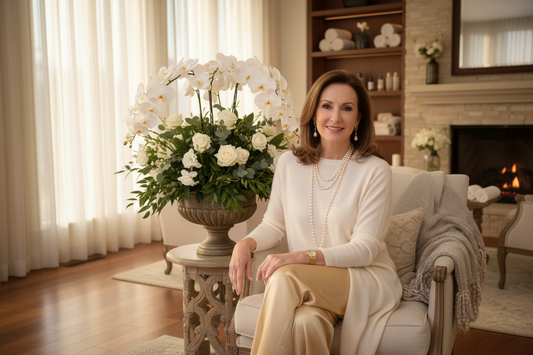 Elegant radiant woman in her 50s in a luxurious upscale wellness space, looking strong and vital, soft natural light, fresh flowers, warm golden tones