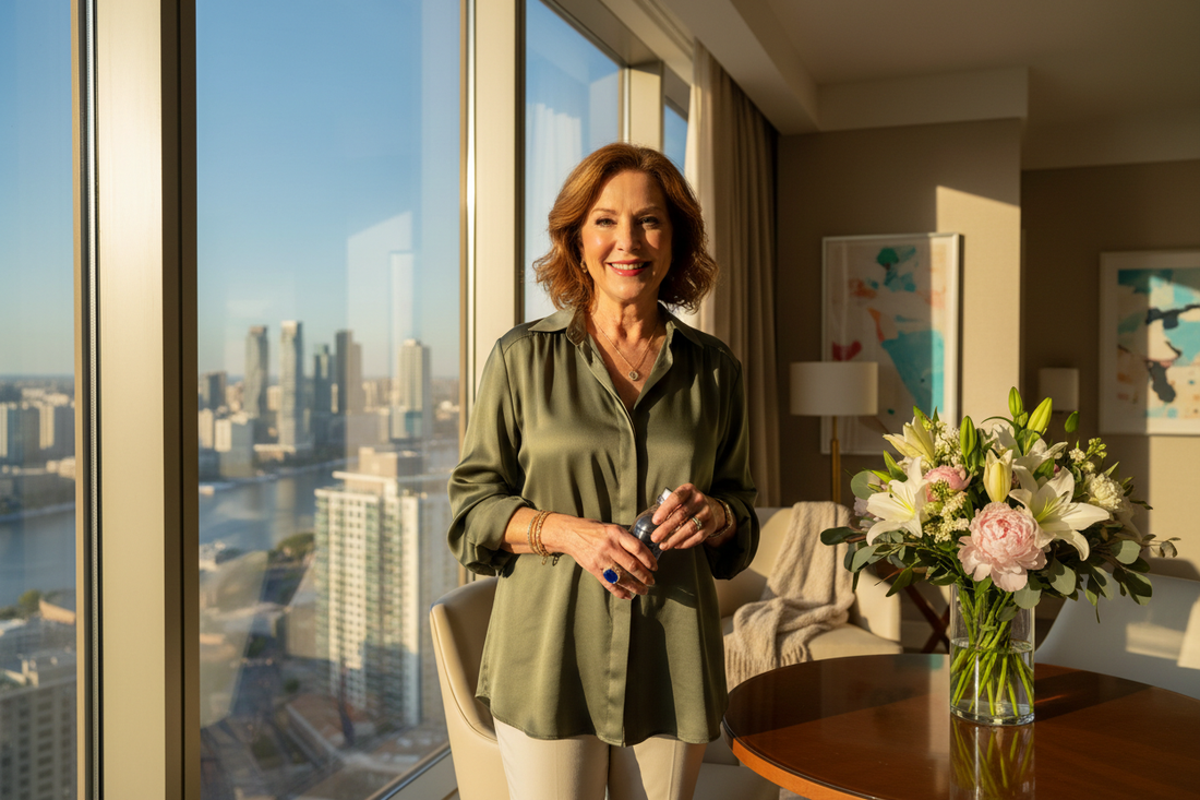 Elegant woman in her 50s standing by large sunlit windows in a luxurious hotel suite with fresh flowers and a radiant smile, representing the confidence and ease of maintaining weight loss progress through any business travel schedule.