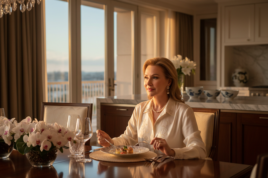 Elegant woman dining calmly at a beautifully set table in a luxurious upscale home, relaxed and composed in the evening, representing peaceful and controlled eating with the Restivo Health weight loss program
