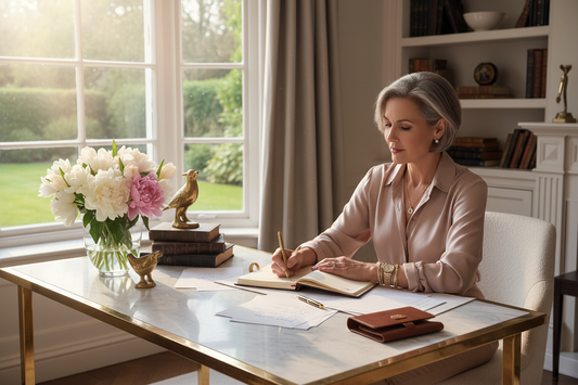 Elegant woman in her 50s calmly writing in a beautiful planner at a luxurious home desk, looking thoughtful and organized as she establishes a new spring routine