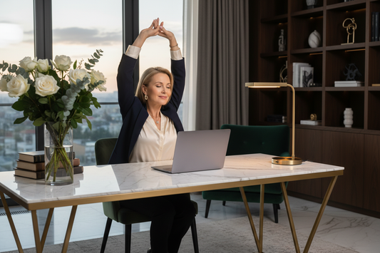 Elegant woman in her 50s closing her laptop at the end of a long work day in a luxurious home office, stretching gracefully with a serene and relieved expression