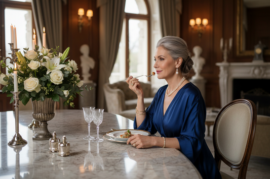 Elegant woman in her 50s dining gracefully and unhurriedly at an elegantly set table in a beautifully quiet luxurious home, looking serene and satisfied