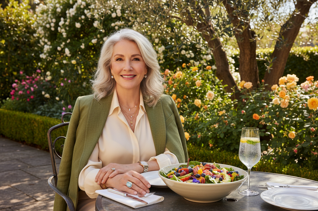 Elegant woman in her 50s sitting at a beautiful outdoor terrace in warm spring sunshine, enjoying a fresh colorful salad and sparkling water, looking radiant and satisfied