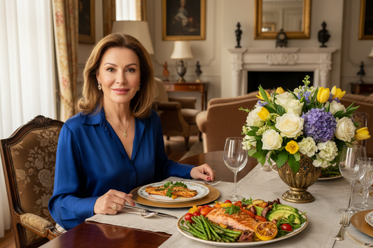 Elegant woman in her 50s enjoying a vibrant real-food meal at a luxurious dining table, radiant and energized