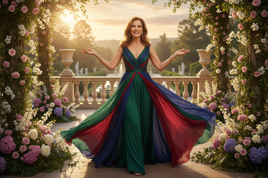  Elegant woman in her 50s in a beautiful upscale garden, joyful and energized, radiant glowing skin