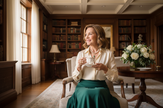 Elegant woman in her 50s in a beautiful upscale home library holding a cup of tea, looking warm and content with soft warm light and fresh flowers nearby