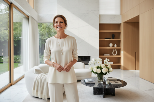 Elegant woman in her 50s in a beautifully organized minimalist luxury home, looking serene and liberated surrounded by clean elegant spaces