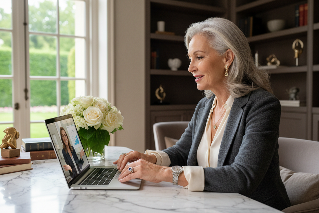 Elegant woman in her 50s warmly engaged in a video consultation on a beautiful laptop in a luxurious home, looking confident and relieved receiving expert personalized guidance