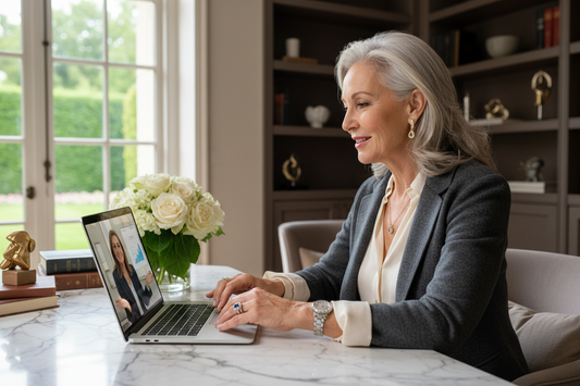Elegant woman in her 50s warmly engaged in a video consultation on a beautiful laptop in a luxurious home, looking confident and relieved receiving expert personalized guidance
