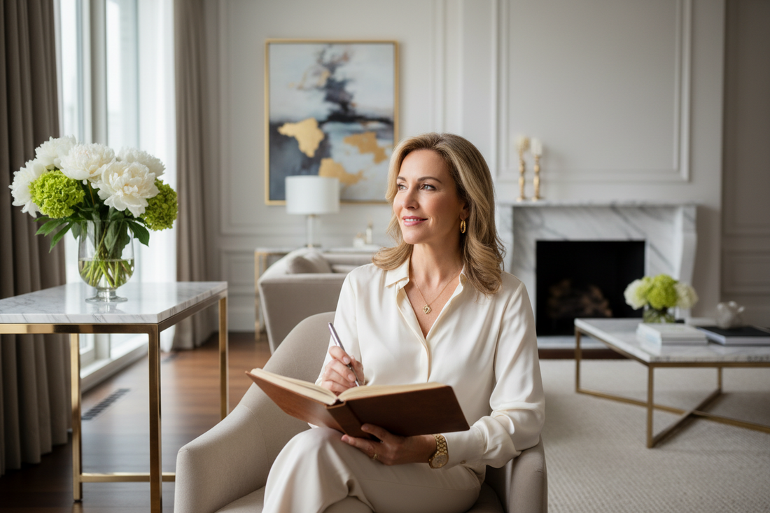 Elegant woman in her 50s in a luxurious home setting, looking thoughtful and self-aware while holding a beautiful journal, reflecting on her personal health journey