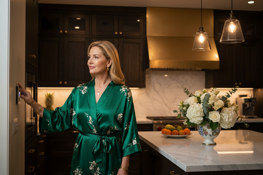 Elegant woman in her 50s intentionally dimming the lights in a luxurious kitchen in the evening, creating a warm amber glow with a serene expression