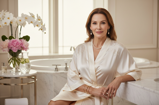  Elegant woman in her 50s in a luxurious spa setting wearing a silk robe, looking serene and confident with soft warm natural light and marble surfaces