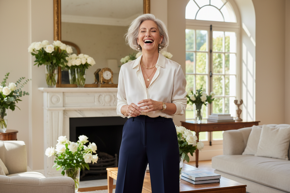 Elegant woman in her 50s laughing joyfully and genuinely in a luxurious sunlit home, looking radiant and full of life