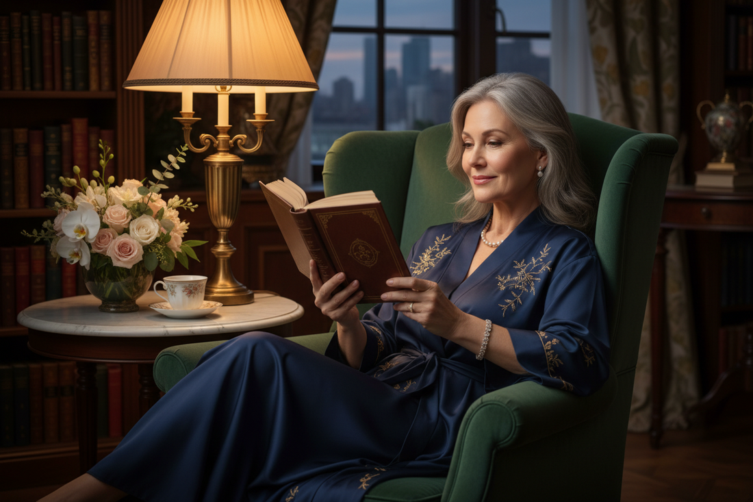 Elegant woman in her 50s reclining in a luxurious armchair reading a beautiful book by warm lamplight, looking absorbed and peaceful