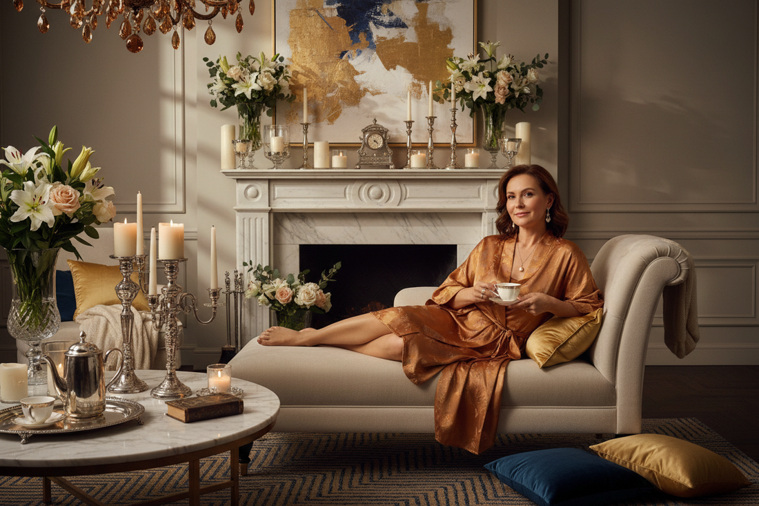 Elegant woman in her 50s relaxing in a beautifully lit luxurious living room in the evening, looking serene and at peace
