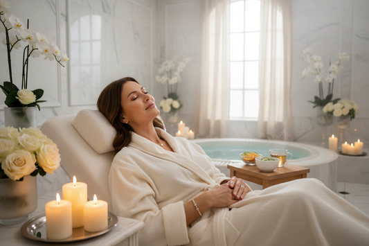 Elegant woman in her 50s relaxing serenely in a luxurious spa environment wrapped in a plush robe, with marble surfaces, fresh flowers, and soft natural light