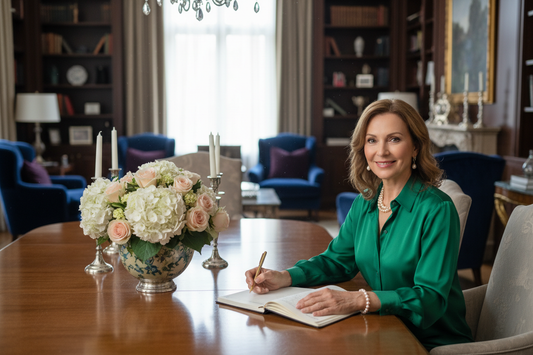  Elegant woman in her 50s reviewing health notes confidently at a luxurious dining table, radiant and empowered