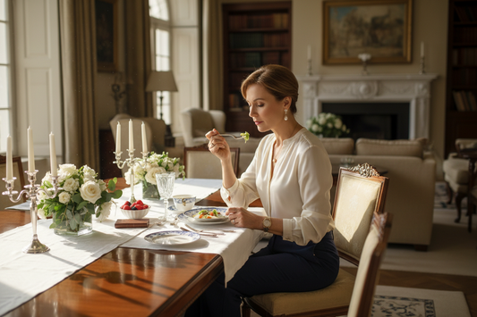 Elegant woman in her 50s eating mindfully and peacefully at a beautifully set dining table in a luxurious home, looking serene and present