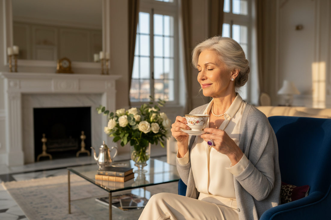 Elegant woman in her 50s sitting alone in a luxurious home with a serene private smile, savoring a personal victory with a beautiful cup of tea