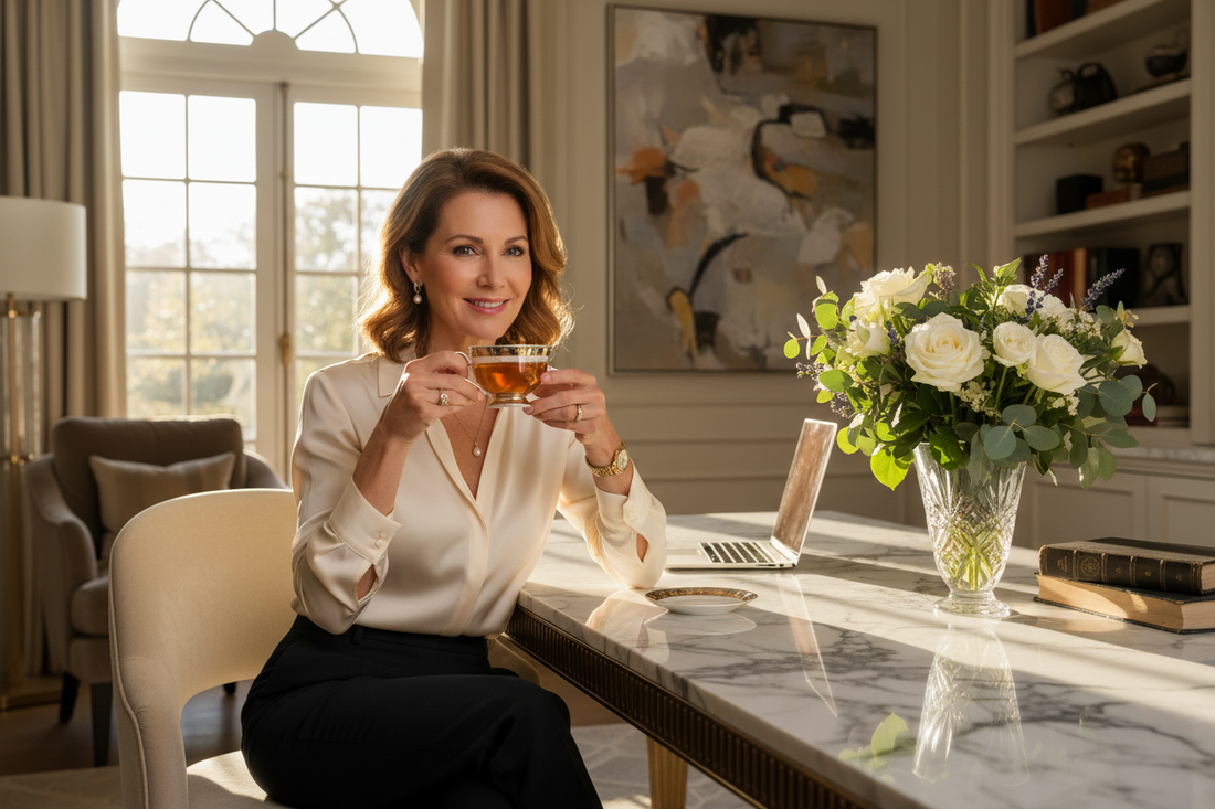 Elegant woman in her 50s sitting at a beautiful marble desk in a luxurious home office, looking energized and focused with a cup of herbal tea