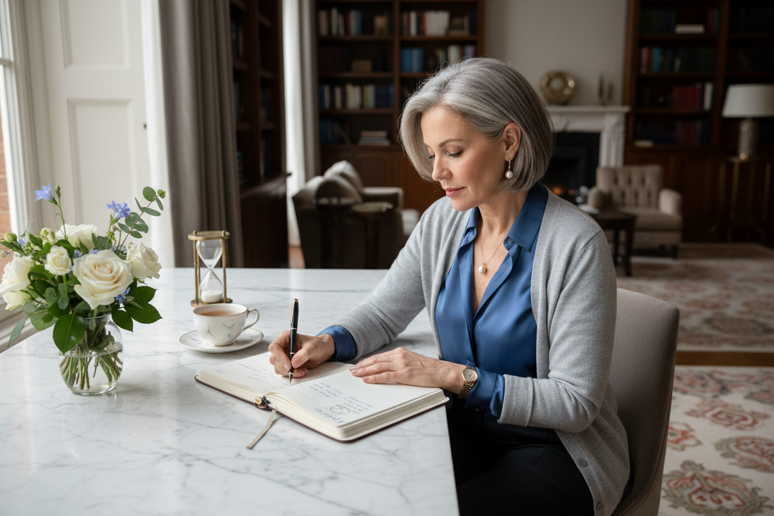 Elegant woman in her 50s writing thoughtfully in a wellness journal at a beautiful marble desk in a luxurious home, looking focused and self-aware