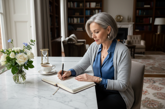 Elegant woman in her 50s writing thoughtfully in a wellness journal at a beautiful marble desk in a luxurious home, looking focused and self-aware