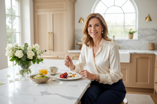 Elegant woman in her 50s enjoying a beautifully presented nourishing breakfast at a marble kitchen island, looking energized and radiant in soft morning light
