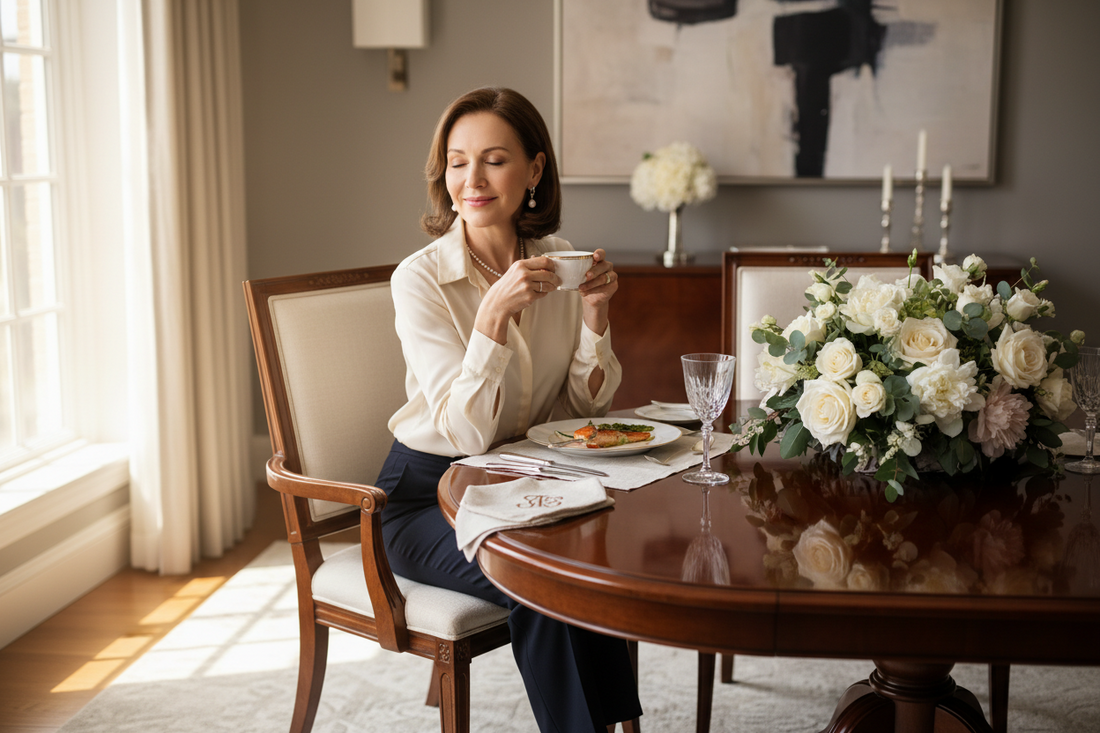 Elegant woman in her 50s sitting at a beautifully set dining table, fully present and savoring her meal with a serene and satisfied expression