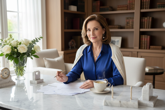 Elegant woman in her 50s sitting calmly and composed at a beautiful home office desk reviewing financial documents with a cup of herbal tea beside her