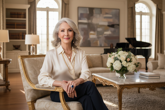 Elegant woman in her 50s sitting calmly in a luxurious living room chair, looking empowered and radiant with warm natural light and high-end decor