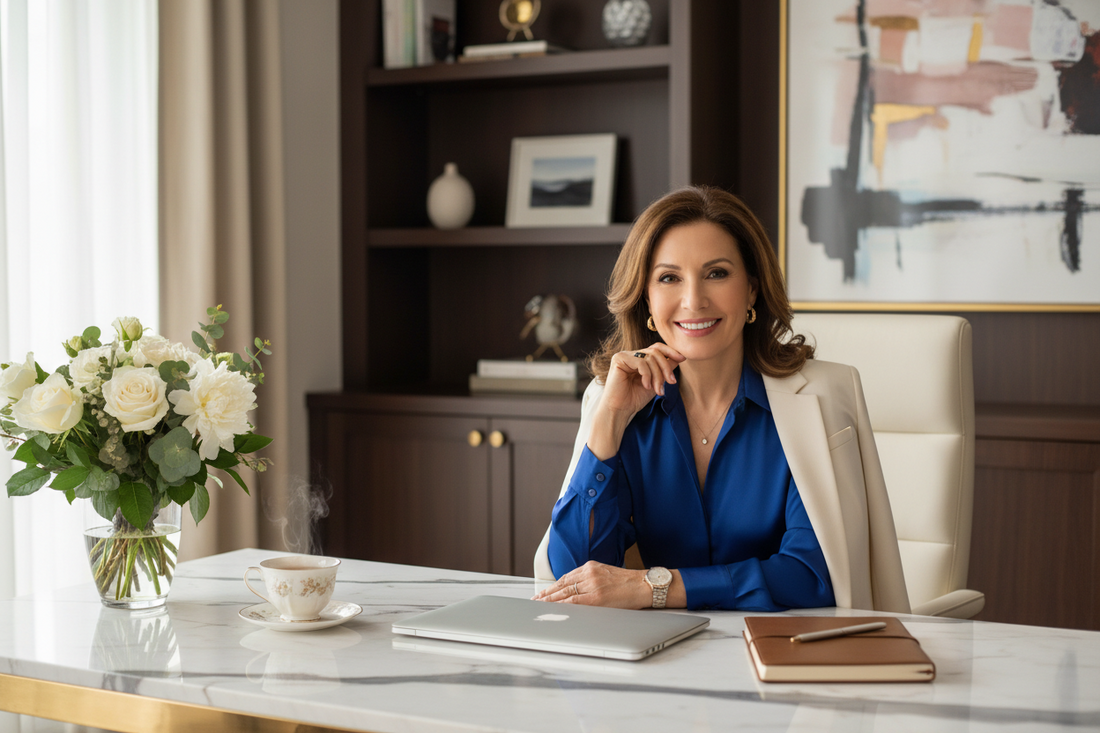  Elegant woman in her 50s sitting confidently at a beautiful home office desk, looking energized and accomplished with fresh flowers and a warm cup of tea beside her