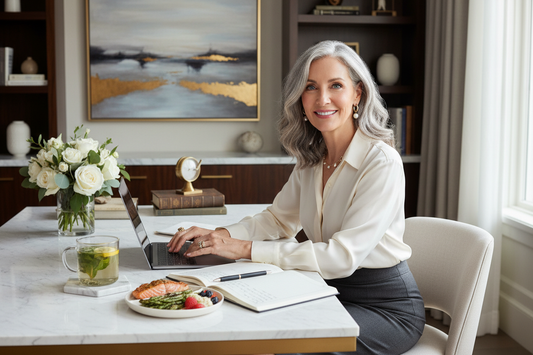 Elegant woman in her 50s sitting energized and vibrant at a beautiful home workspace, looking bright-eyed and fully engaged with a nourishing meal and herbal tea beside her
