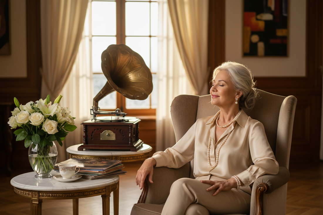 Elegant woman in her 50s sitting gracefully in a luxurious chair with eyes closed and a peaceful smile, listening to soft music in a beautifully appointed room