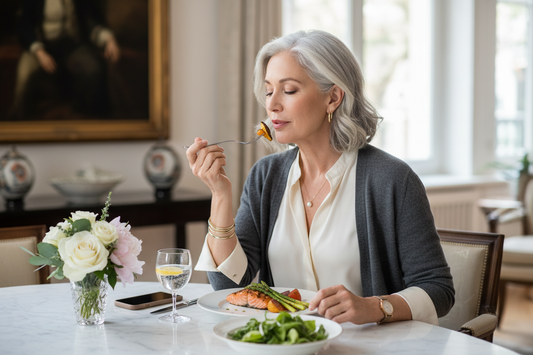 Elegant woman in her 50s sitting peacefully at a beautiful dining table with her phone face-down, eating a nourishing meal with full presence and genuine enjoyment