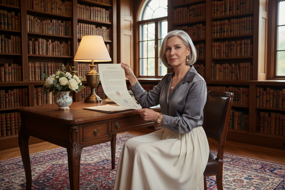 Elegant woman in her 50s sitting peacefully at a beautiful writing desk in a luxurious home library, thoughtfully reviewing important documents with a serene and purposeful expression