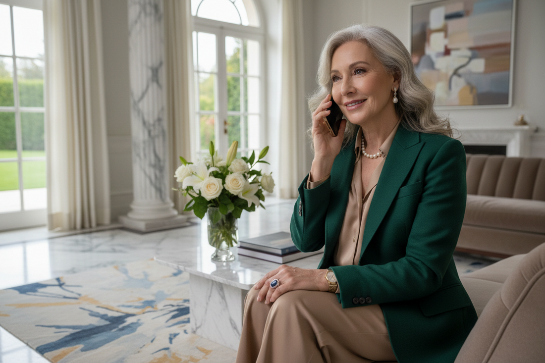 Elegant woman in her 50s sitting peacefully in a luxurious living room speaking warmly on the phone, looking calm and composed