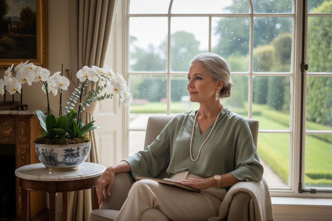  Elegant woman in her 50s sitting quietly and contemplatively by a large window in a luxurious upscale home with soft natural light and fresh flowers nearby