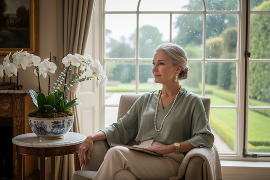  Elegant woman in her 50s sitting quietly and contemplatively by a large window in a luxurious upscale home with soft natural light and fresh flowers nearby