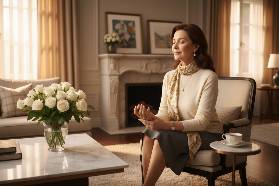 Elegant woman in her 50s sitting quietly in a luxurious living room with eyes closed in peaceful reflection, releasing the mental weight of the day