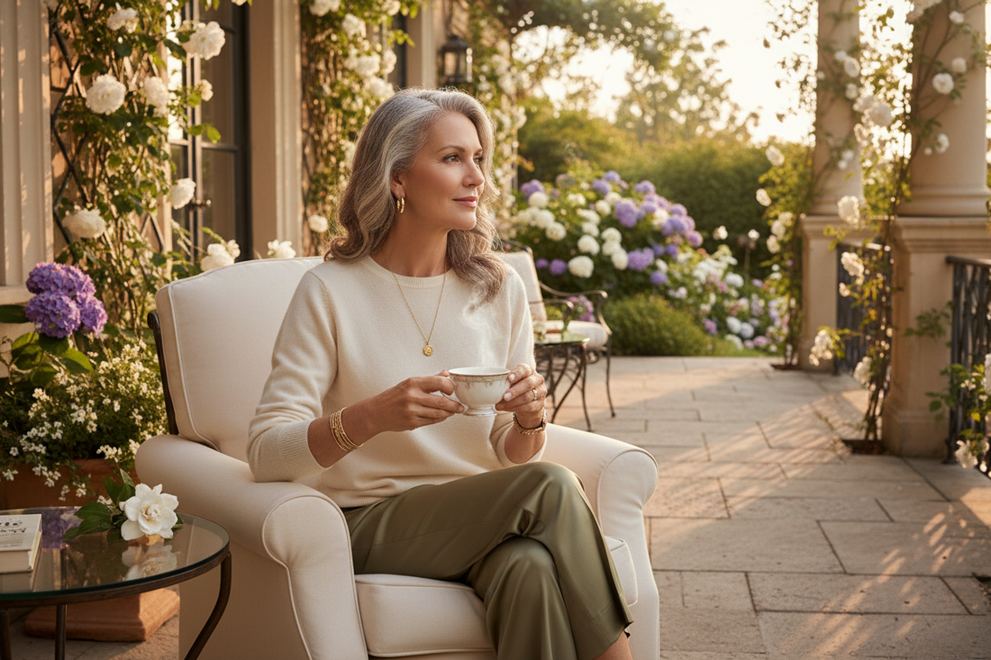 Elegant woman in her 50s sitting serenely on a beautiful home terrace with a cup of tea, gazing thoughtfully into a lush garden with a calm and hopeful expression