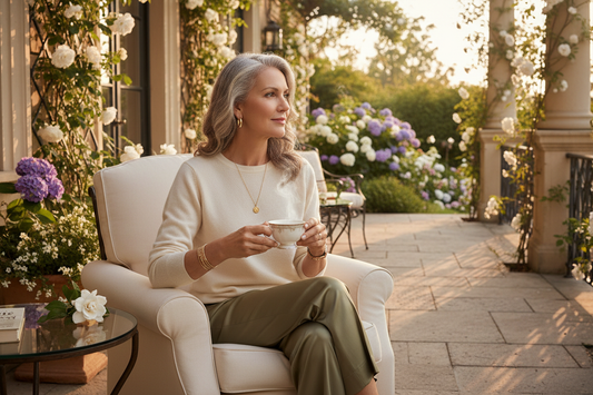 Elegant woman in her 50s sitting serenely on a beautiful home terrace with a cup of tea, gazing thoughtfully into a lush garden with a calm and hopeful expression